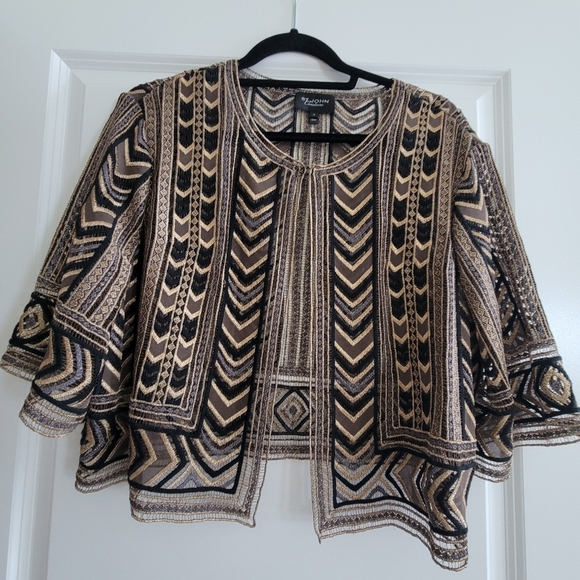 St-John Couture, Gourges Black and Tan Patterned Top With Top Closer, - Picture 8 of 10